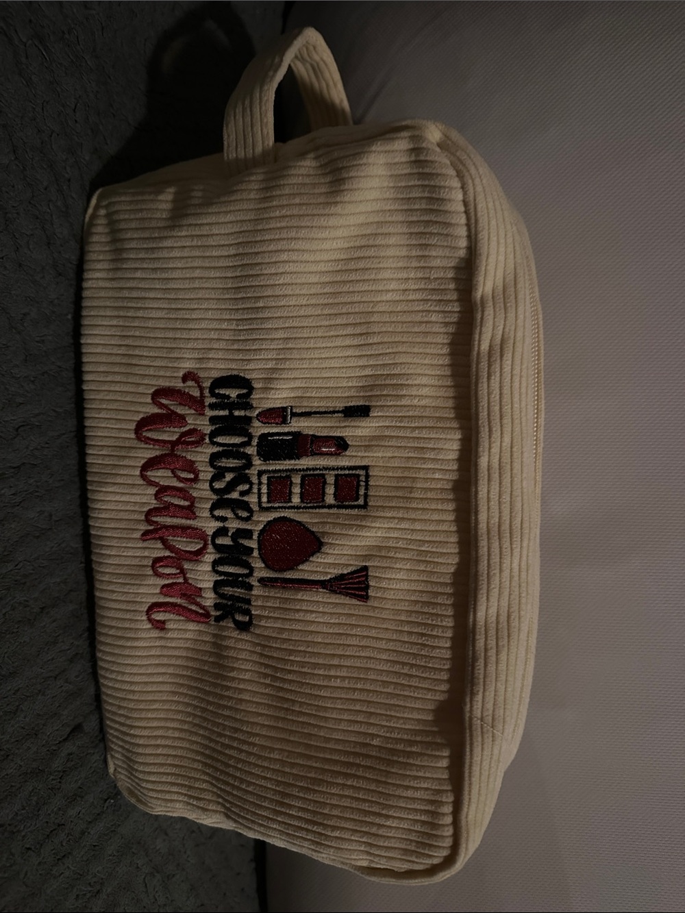 Yellow Cream Embroidered 'Choose Your Weapon' Makeup Bag
